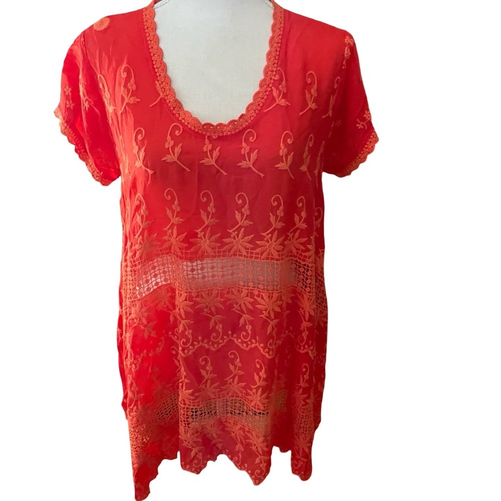 Johnny Was Orange Embroidery tunic blouse eyelet size XS round short sleeve lace - Picture 3 of 16